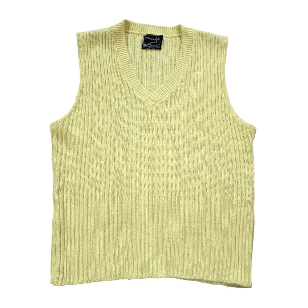 Vintage 1970s JC PENNEY Yellow Sweater Vest / Knit V Neck Acrylic Sz XL